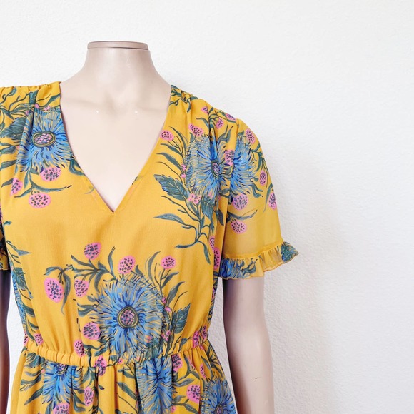 [Madewell] Sweetgrass Ruffle-Sleeve Dress Painted Blooms Yellow V-Neck Size 6 - Picture 8 of 12